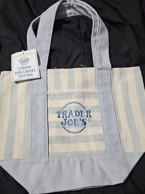 Trader Joe's Striped Mini Canvas Tote Bag - Light Blue & Cream